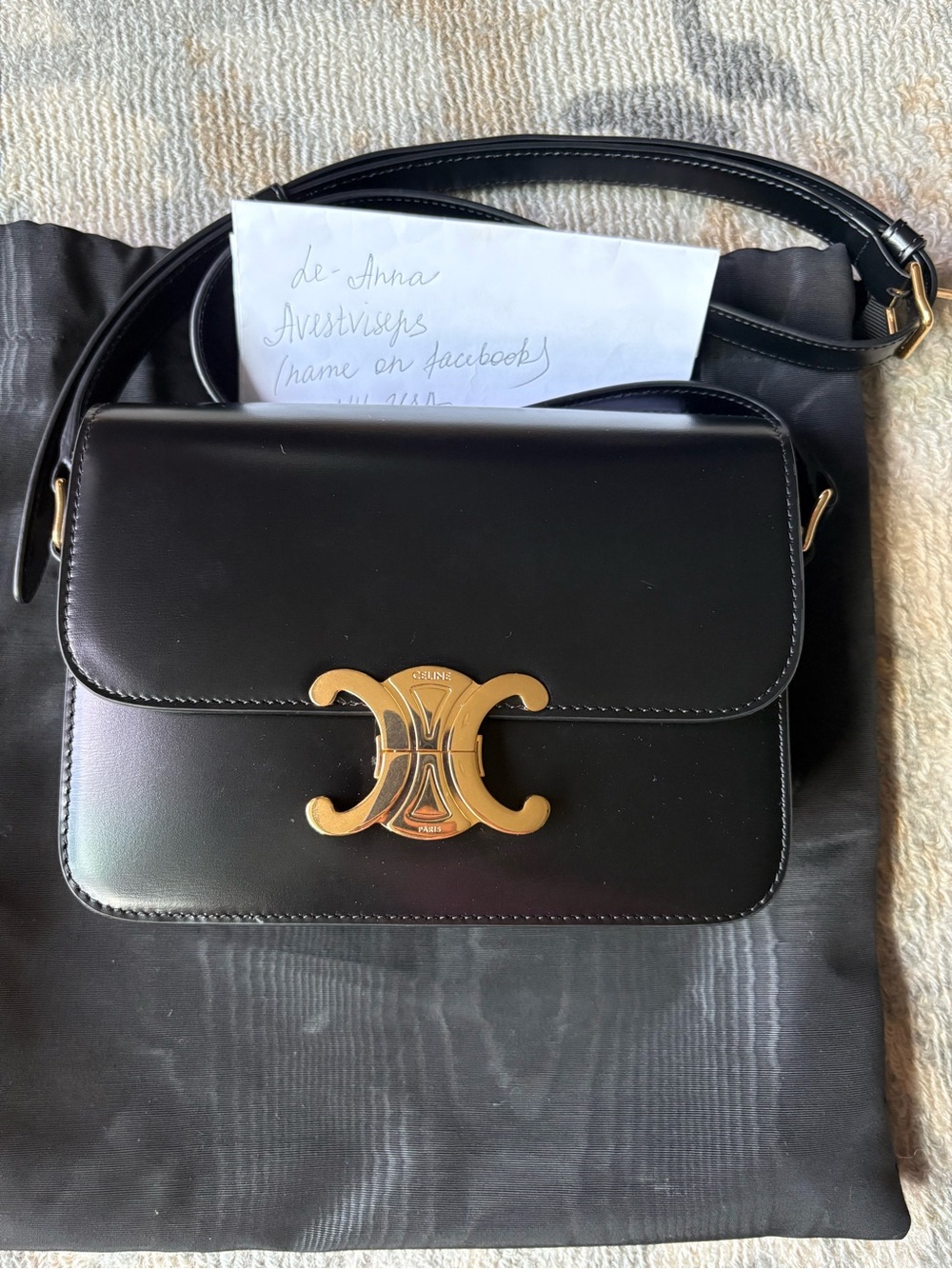 Celine Teen Black Leather Triomphe Crossbody with Gold Hardware
